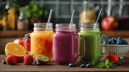 colorful vegetable and fruit smoothies in glass jars, with pieces of berries and fruits, on a wooden stand