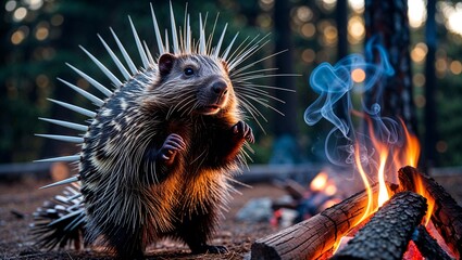 A porcupine defensive posture, quills raised, backlit by campfire light in a pine forest, smoke wisps, detailed spines, warning display.