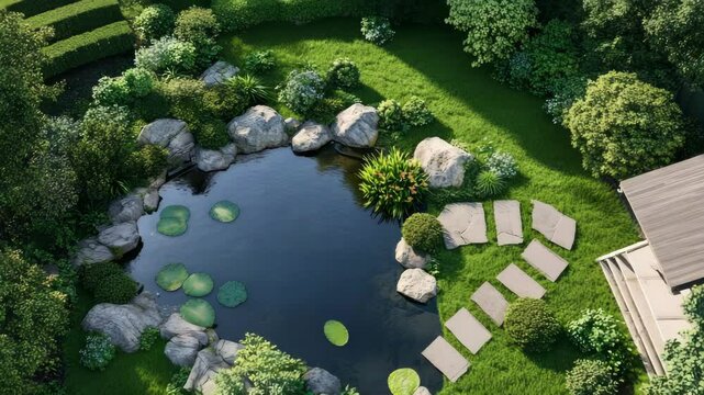 Overhead perspective of backyard oasis with natural pond, stepping stones, and green buffer zones