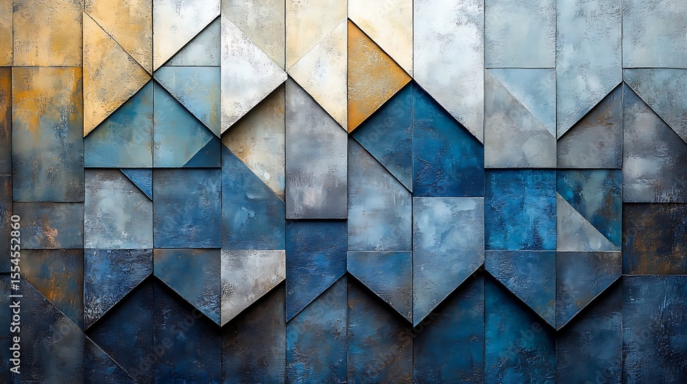 Poster abstract geometric pattern with triangle and square shapes in blue and gold tones