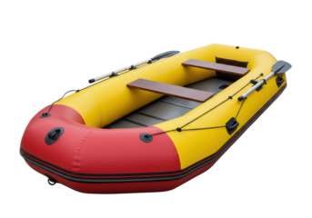 Isolated Red and Yellow Inflatable Raft with Paddles
