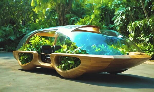 A futuristic car with a transparent glass top, parked in a lush, green, tropical environment with trees and foliage surrounding it.
