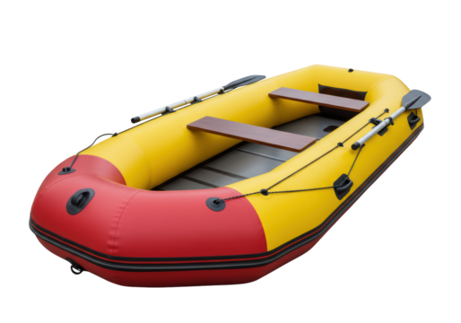 Isolated Red and Yellow Inflatable Raft with Paddles