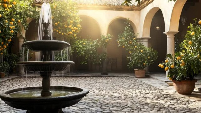 Peaceful courtyard with fountain, cobblestone floor, archways and potted citrus trees bathed in morning light