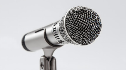 Silver microphone on metal stand on white background 