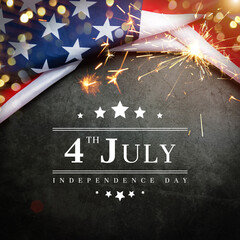 vintage America flag on black chalkboard with text 4th July Independence Day, decorated with sparkler light bokeh. flag American background banner for USA Independence Day nation holiday celebration