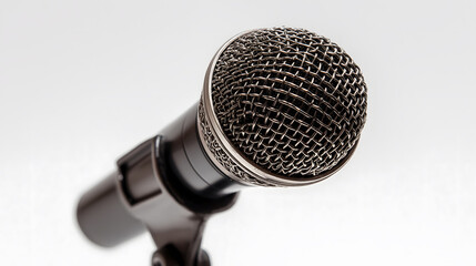 Silver microphone on metal stand on white background 