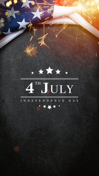 vintage America flag on black chalkboard with text 4th July Independence Day, with sparkler light bokeh. flag American background banner for USA Independence Day nation holiday celebration, vertical