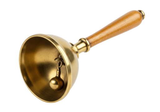Isolated Antique Brass Hand Bell with Wooden Handle