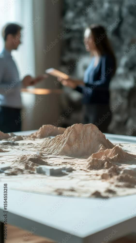 Aufkleber Professional architects studying seismic wave propagation on mountain terrain scale model during collaborative meeting, analyzing ground motion dynamics with advanced engineering simulation