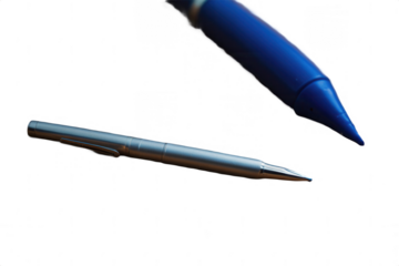 Stock photo of blue pen and silver pen on black background for writing on transparent background