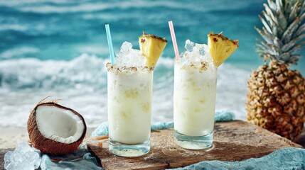 exotic cocktail pina colada in a frosted transparent tall glass with a piece of pineapple and coconut, against a background of orange