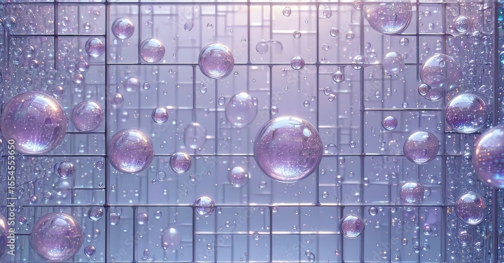 Poster Abstract background features numerous iridescent bubbles within gridlike structure. Soft purple hues dominate composition.
