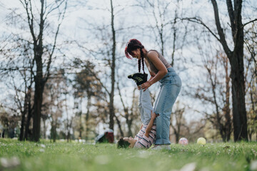Affectionate moment of a mother and child bonding in the vibrant outdoors. Featuring playful...