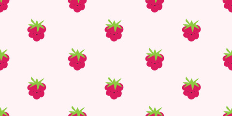 Raspberry. Cute character. Seamless pattern on pink background. Hand drawn illustration. Graphic design.