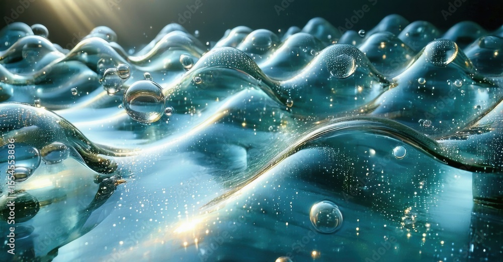 Poster water surface shows gentle waves, bubbles, light reflections. teal hues dominate, creating serene vi