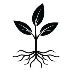 Simple silhouette of a single green sprout emerging from brown soil with visible roots presented in a clean flat design style