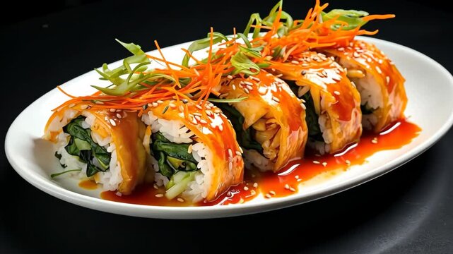 Delicious uramaki sushi rolls covered with spicy sauce and sesame seeds