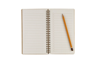 A lined notebook with a pencil and spiral binding on an isolated white background, perfect for notes and daily planning. It suits education, office 