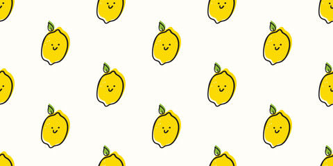 Lemon. Fruit funny character. Seamless pattern. Vector illustration on white background.