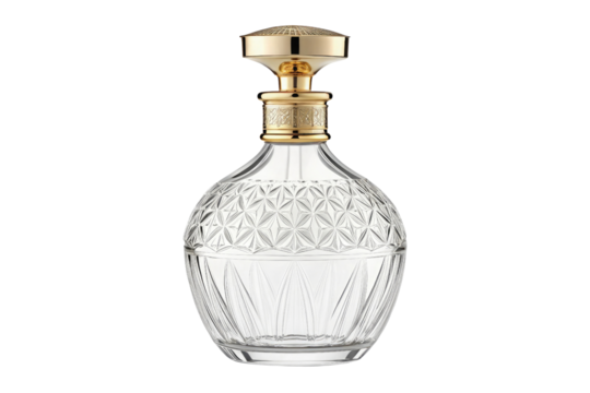 Elegant crystal decanter with ornate gold accents isolated on transparent background