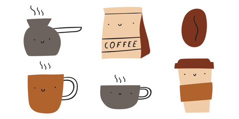 Collection of cute coffee characters. Hand drawn illustration. Isolated icons. Flat vector design on white background.