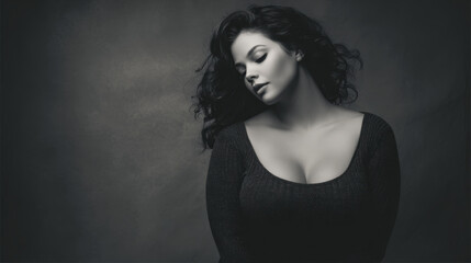 A black and white portrait of a beautiful woman looking elegant and stylish.