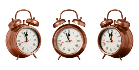 set collection retro clock, watch, pointer clock, Brown color alarm clock on isolated white background close up