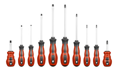 Set of Philips and flathead screwdrivers Brown color on isolated white background close-up
