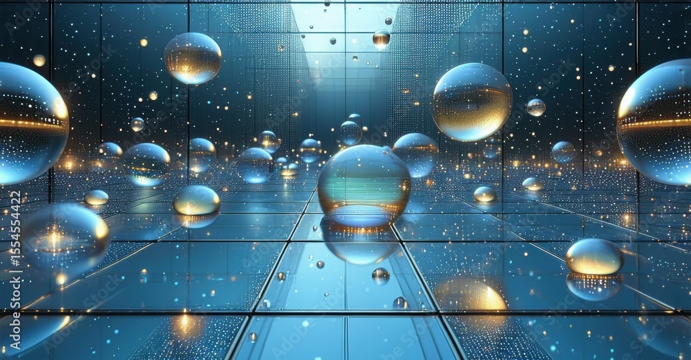 Poster Infinite reflections create mesmerizing space. Spheres float within grid, illuminated by soft light. Futuristic, abstract composition.