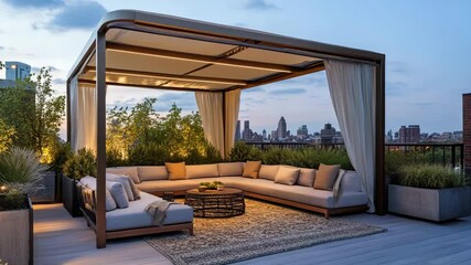 Rooftop pergola lounge with canopy, outdoor rug, soft sectional and surrounding planters in evening light - Powered by Adobe