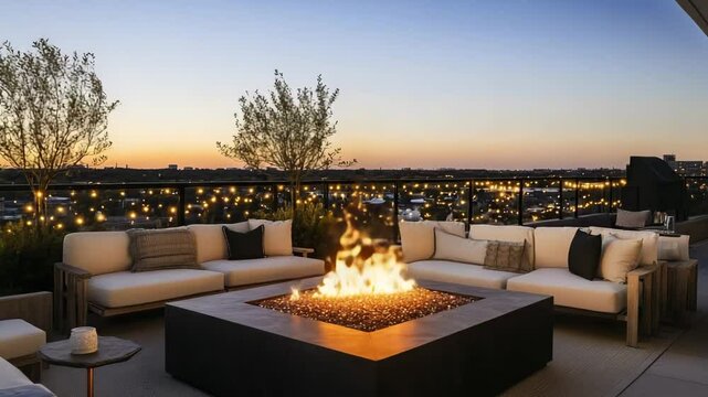 Rooftop lounge with fire pit centerpiece, neutral-toned furniture, fairy lights and panoramic view under clear dusk sky