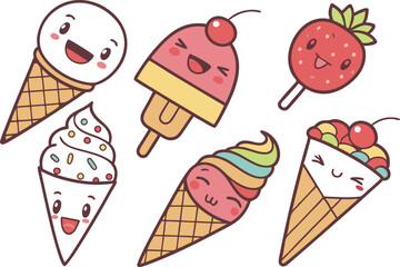 Kawaii Ice Cream Character Set with Fun Expressions and Toppings. Cute Ice Cream Family in Bold Outline Kawaii Style. Smiling Ice Cream Characters with Unique Toppings and Faces. Adorable Kawaii Ice