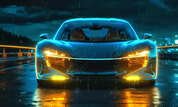 A futuristic, high-performance car with glowing lights and a sleek design, set against a rainy night background with illuminated city streets