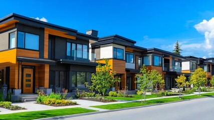 Row of modern townhouses in upscale suburb, showcasing luxury real estate design