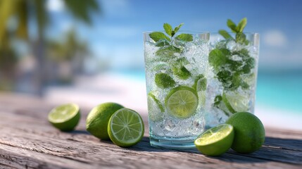 traditional mojito cocktail in a frosted clear tall glass on a wooden stand against the background of a beach