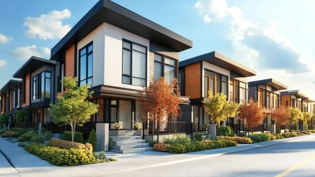 Row of modern townhouses on a sunny day with urban landscaping, perfect for city real estate marketing visuals