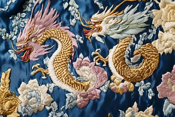 motifs silk embroidery with dragon and phoenix Chinese
