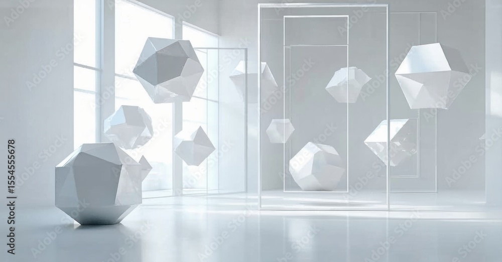 Poster Minimalist interior features geometric shapes suspended within transparent frames. Bright light creates soft shadows, emphasizing clean lines.