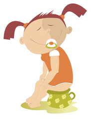 Happy childhood. Cute baby sits on the pot.  
Infant baby with a nipple sitting on the pot
