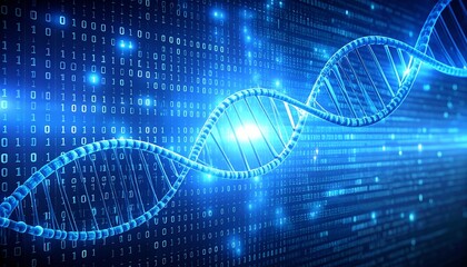 Digital DNA: A luminous double helix emerges from a binary code matrix, representing the convergence of biology and technology.