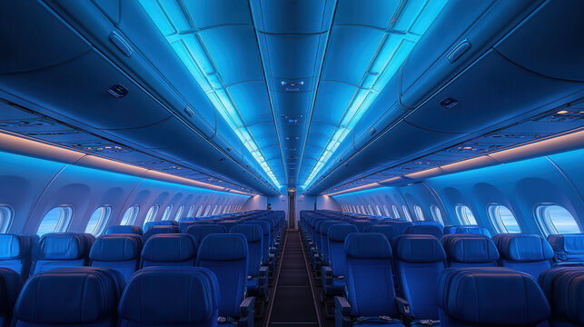 Aircraft interior view with rows of blue passenger seats, central aisle, overhead compartments, modern cabin layout  - Powered by Adobe