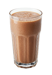 Tall glass filled with a creamy, rich, blended chocolate beverage on a dark backdrop