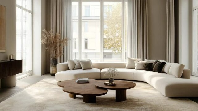 Scandinavian luxury living space with neutral tones soft textures oversized rug and ample light through corner windows