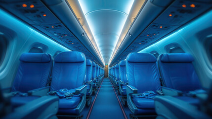 Fototapeta premium Spacious Aircraft Interior with Blue Seats