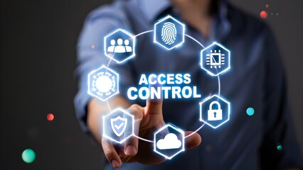 Person touching a digital interface displaying access control icons and security symbols