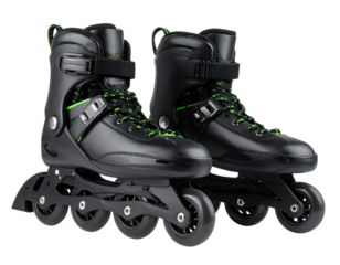 Modern Black and Neon Green Rollerblades in Dynamic Skating Pose, isolated on transparent background