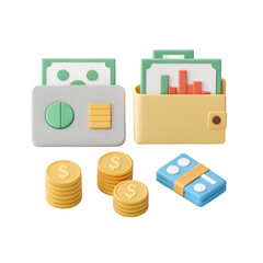 3 D Cartoon Money Icons Finance Set isolated on a transparent background