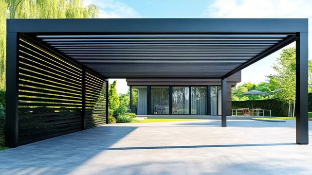 Sleek metal carport structure with a modern house visible in the background