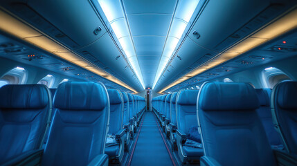 Airplane interior with empty blue seats, long corridor perspective, overhead luggage bins, clean modern design